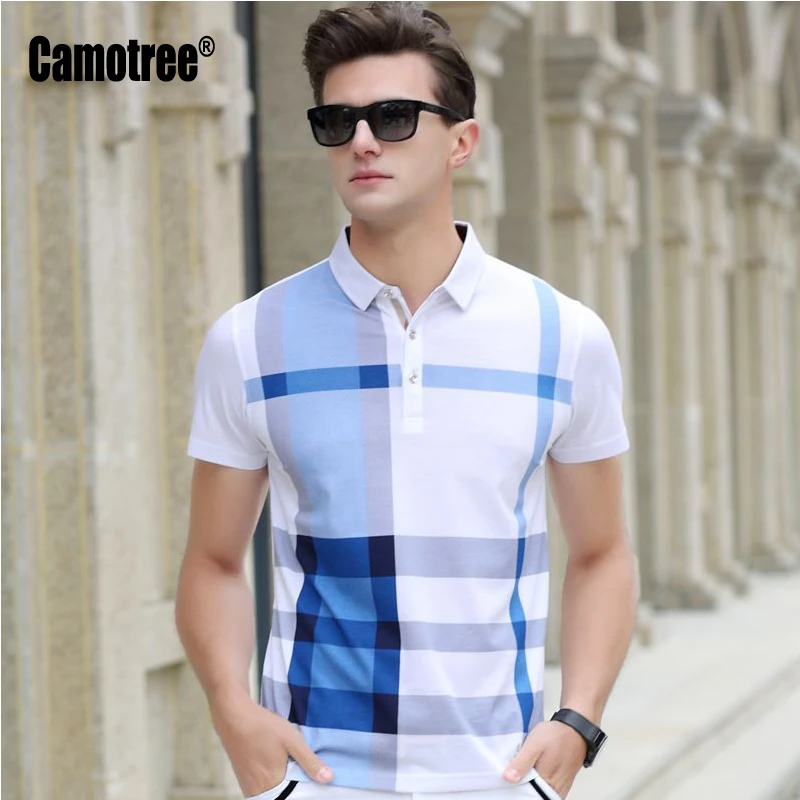 2017 Summer Men Polo Shirts Plaid Patchwork Short Sleeve Cool Cotton Slim Fit Casual Business