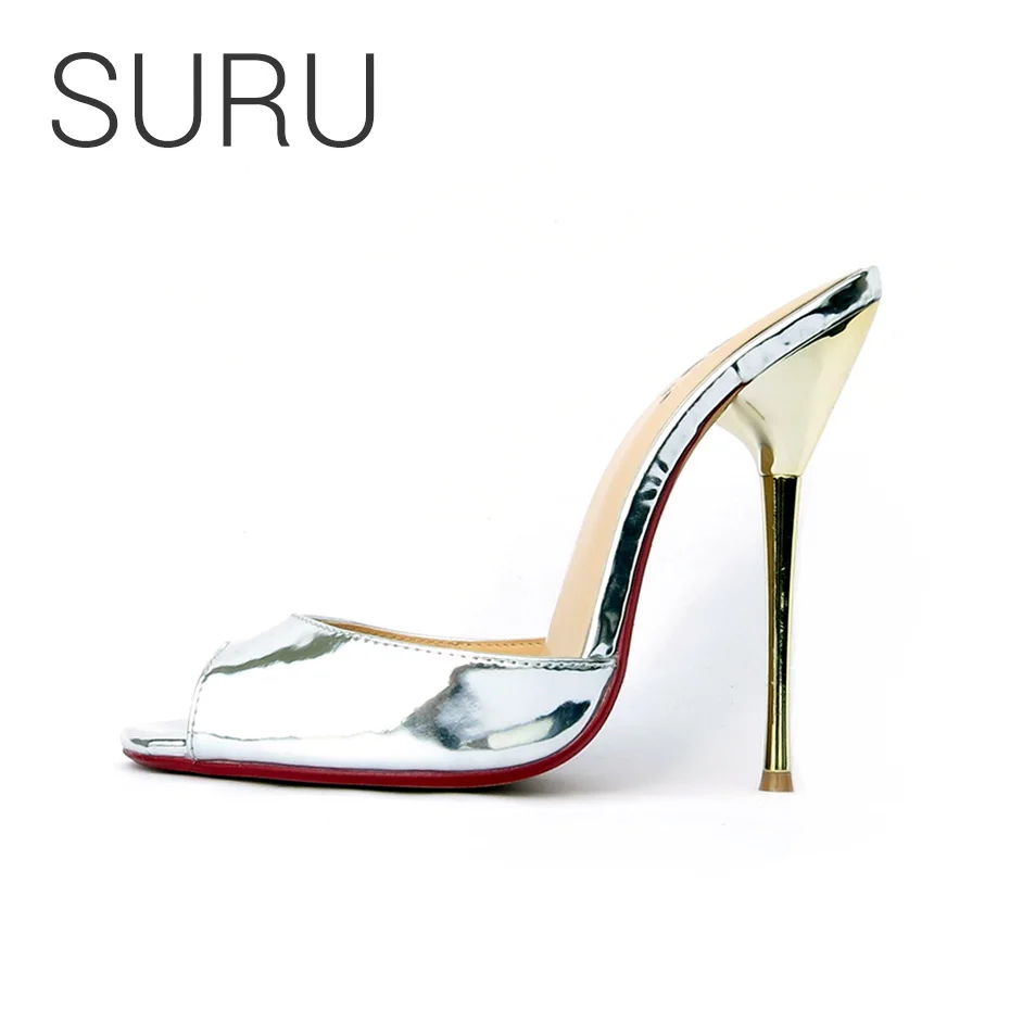 

SURU 5 Inch Metal Heel Slippers Women Silver Gold Printing Open Toe Mules Sandals plus size 37-46 Wholesale