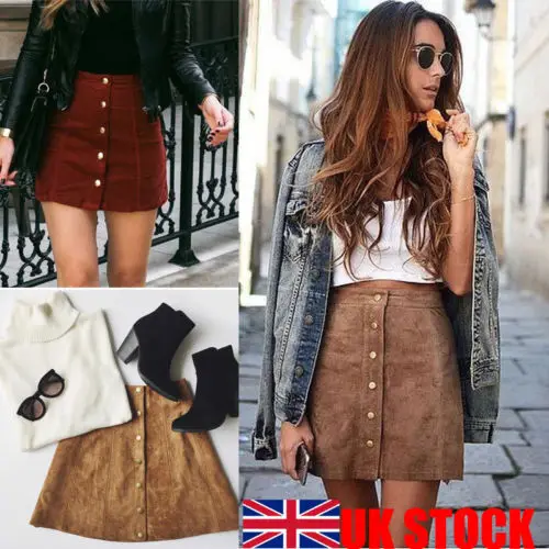 

Women High Waisted Pencil Skirt Bodycon Button Suede Leather Mini Skirt Club