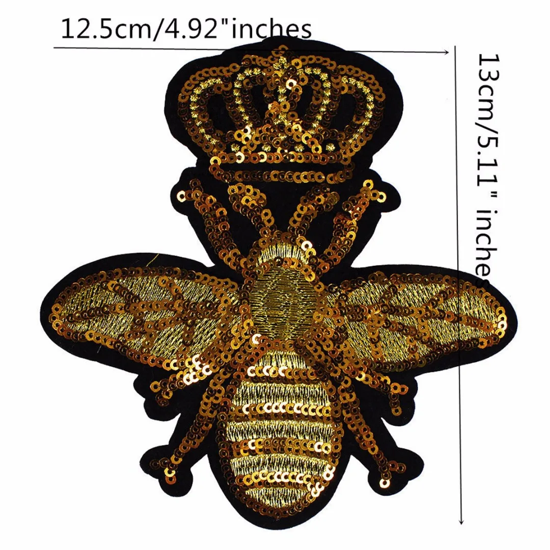 DIY Gold Sequins Crown Bee Fabric Patches Badge Embossed Motif Applique Iron on