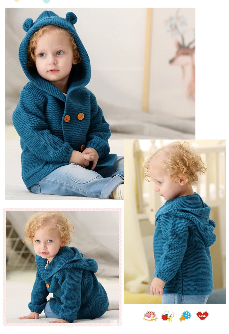 Winter Warm Newborn Baby coat Fur Hood Detachable Grey Infant Boys Girl Knitted Cardigan Fall Outwear Children Knitwear sweater