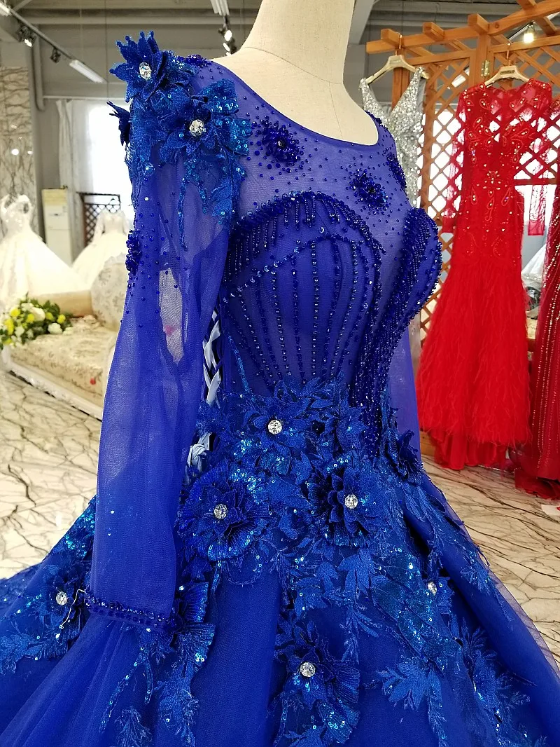 LS3111 blue lace 3d flowers evening dress long sleeve o-neck see-through back a-line dress for mothers of brides quick shipping LS3111 blue lace 3d flowers evening dress long sleeve o-neck see-through back a-line dress for mothers of brides quick shipping
