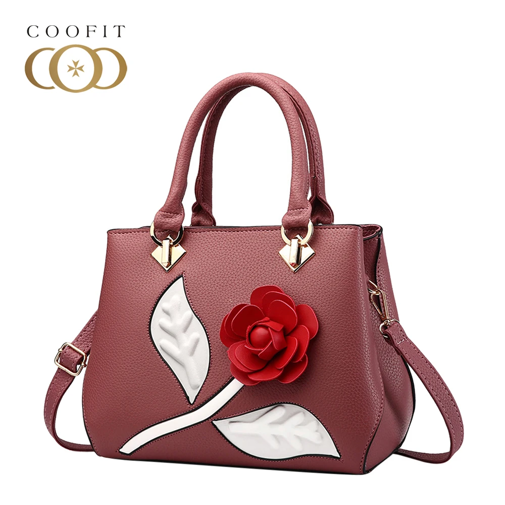 

Coofit Fashion Women PU Leather Shoulder Bag Crossbody Handbag Purse For Female Lady Girl 3D Rose Flowers Pattern Messenger Bags