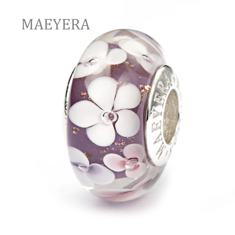 

MAEYERA Authentic 925 Sterling Silver Lampwork Light Purple Flower Beads Murano Glass Beads Fit European Charm Bracelet 920188