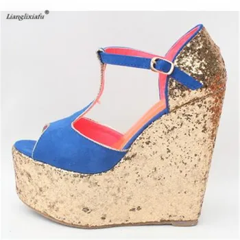 

LLXF T-strap Sandals Sequins platforms Shoes woman Stiletto female 15cm Wedges Pumps Small Yards:30 31 32 33 34 Plus:42 43