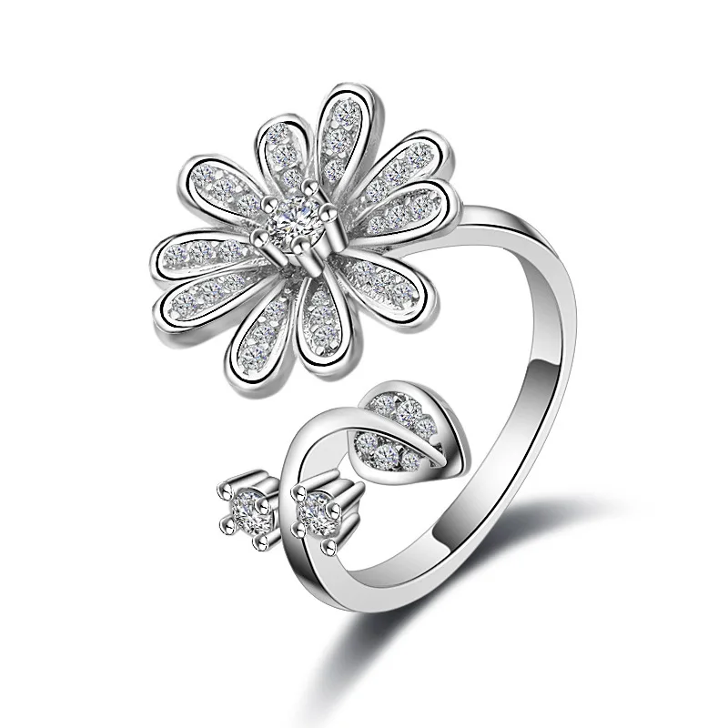 

Korean Twisted Leaves Flower Rhinestone Open Ring Silver Color Finger Rings For Women Statement Adjustable Ring