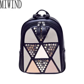 

Women Backpack Geometric Patchwork Female School Bags High Quality PU Leather Backpacks for Teenagers Girls TDL536