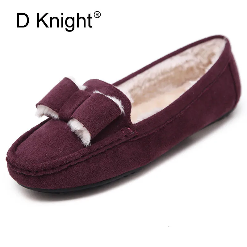 

New Women's Ballerina Flats Sweet Bow Ladies Flat Leather Winter Shoes For Girls Woman Warm With Fur Moccasin Shoes Women 2017