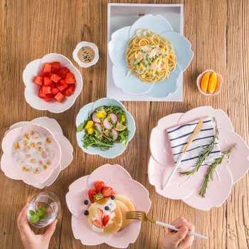 

Pink blue white Pigmented Ceramic cherry blossom plate Creative Japanese style Sakura shaped dish tableware