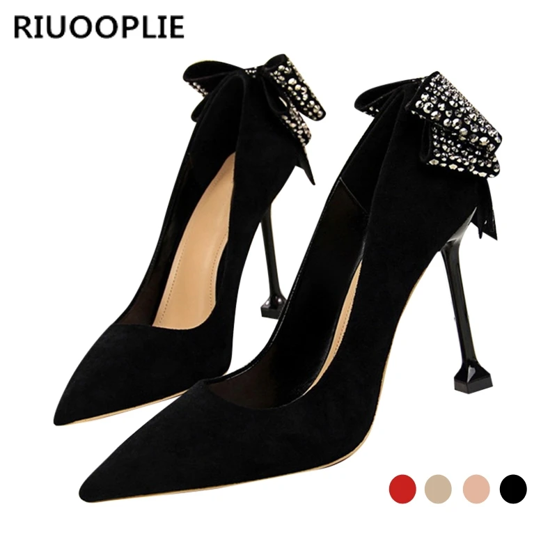 

RIUOOPLIE Women's Ladies Elegant Crystal Butterfly-knot Shallow Wedding Shoes Pumps Solid Flock Pointed Toe High Heels Shoes