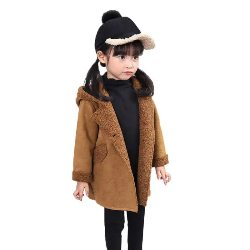 

Winter Girls Kids Jacket Cartoon Puppy Embroidery Buttons Solid Color Hooded Coat Warm Fleece Pink Brown Jacket for Girls