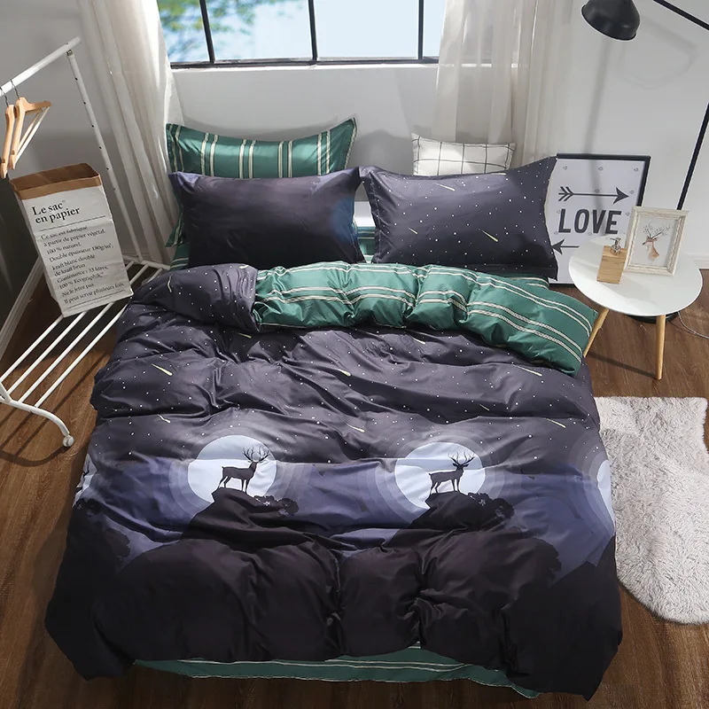 

Deer Under Stars 3-4pcs/lot AB Sides Duvet Cover Sets 100% Polyester Bedding Sets for Kids Adults Single Double Bed XF611-40