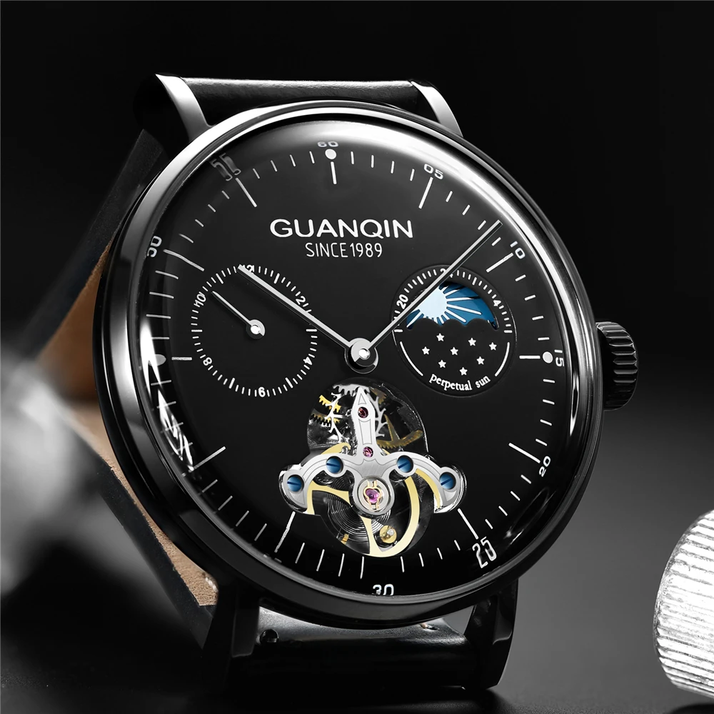 Мужские автоматические механические часы GUANQIN Tourbillon роскошные кожаные