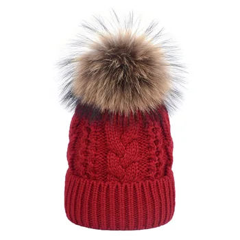 

Zenwinkay Ywhuansen Ski Mask Lady Bug Real Raccoon Ball Wool Fleece Cap Hemp Pattern Thick Warm Thread Knitted Plus Velvet Hat