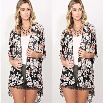 

Women Tops Outfits Summer Beach Blouse New Women Floral Loose Shawl Casual Cardigan Boho Chiffon Tops
