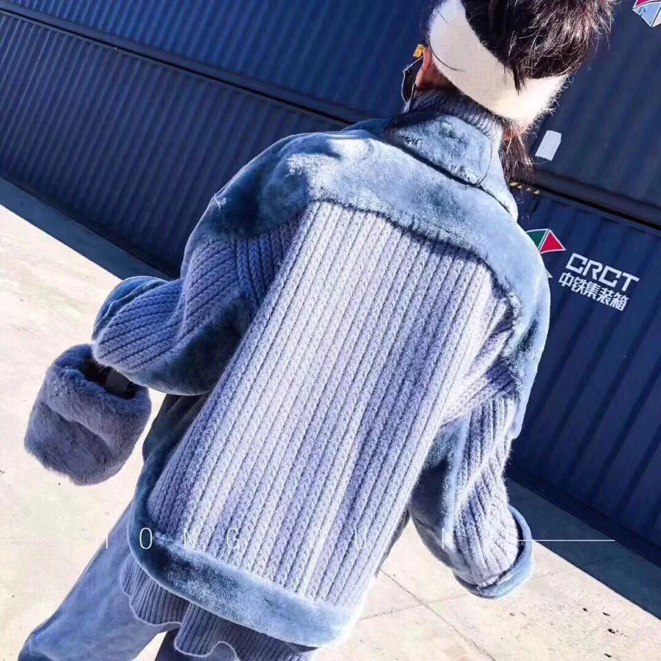 Real Fur Coat Female 2018 Fashion Icelandic Wool Fur Women Double-faced Coat Stitching Knitted Long Sleeve Motorcycle jacket