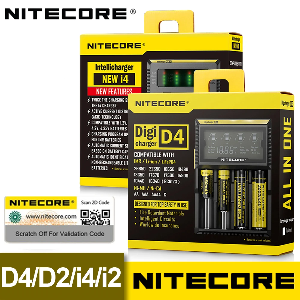 

Nitecore D4 D2 New I4 I2 Digicharger LCD Intelligent Circuitry Global Insurance li-ion 18650 14500 16340 26650 Battery Charger