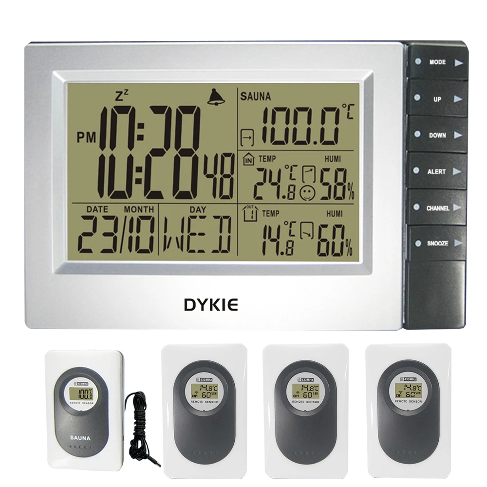 

DYKIE Weather Station Tabletop Clock Indoor And Outdoor Hygrometer Sauna Temperature Digital Alarm/Snooze Clock 4 Transmitters