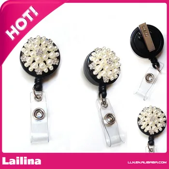 

Rhinestone Retractable Badge Reel/ ID Badge Holder / Brooch / Pendant / Id Badge Holder (Pink Pearl Flower Spray Reel)