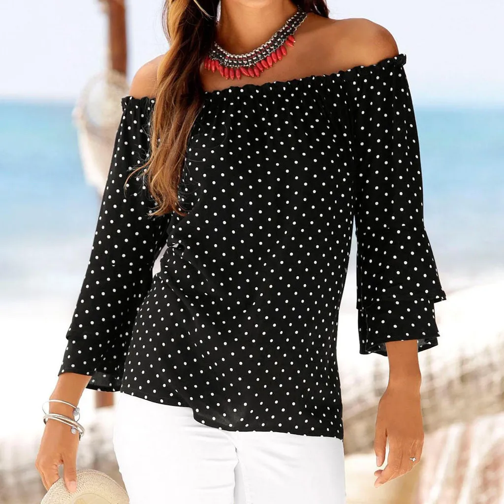 

Women Summer Autumn Blouses Plus Size Dot Print Ladies Elegant Daily Casual Bohemian Off Shoulder Top Women Shirts Camisas Mujer