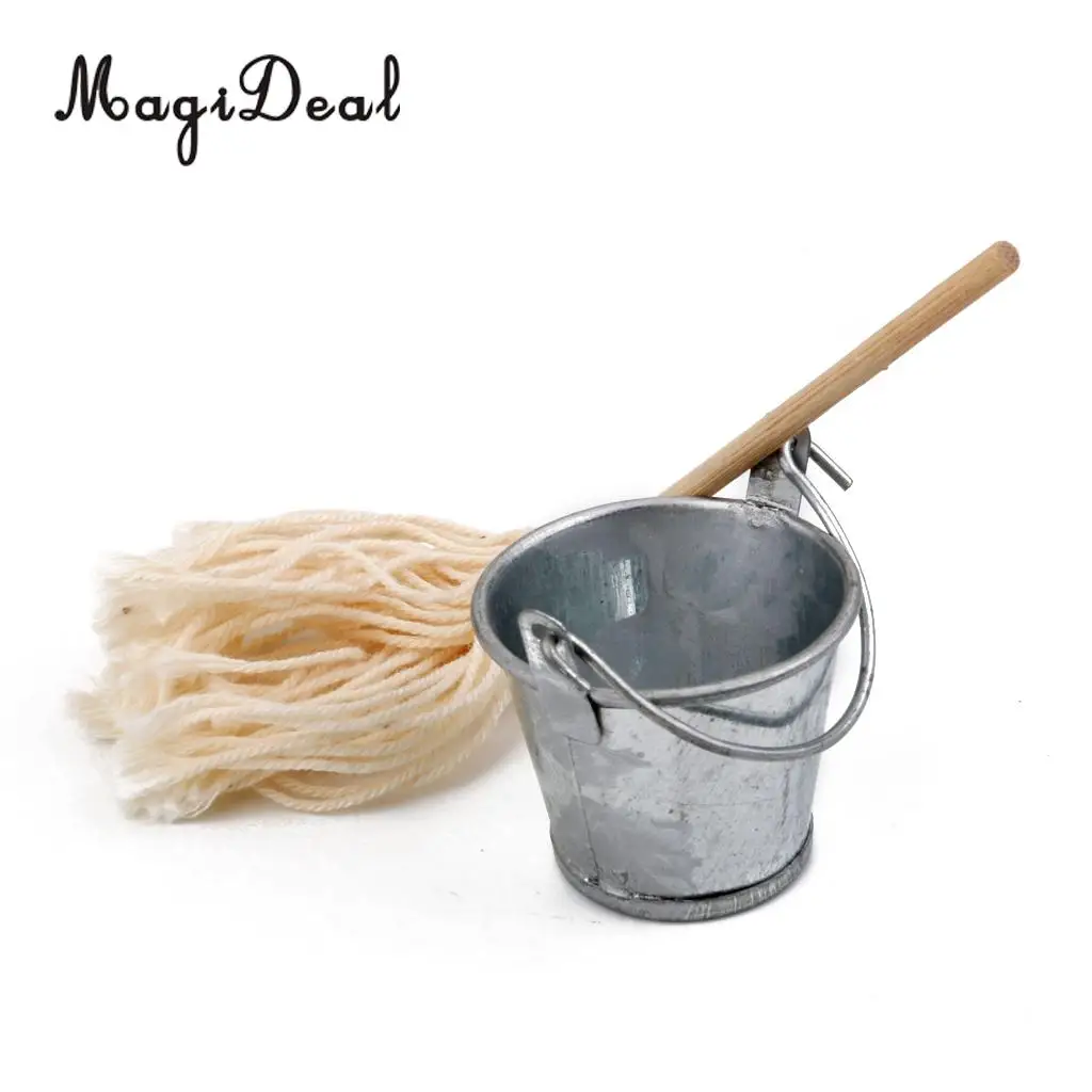 MagiDeal 1/12 Dollhouse Miniature Kitchen Garden Mop Bucket for Kid Hands-On Ability Pretend Play Early Education Furniture Toy 