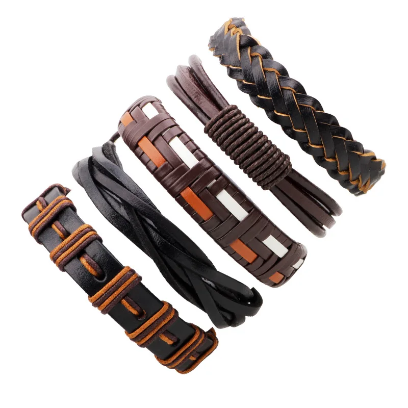 5pcs/set hippie punk black brown orange braiding leather band cord wrap multi layers bracelets bangles set for man | Украшения и