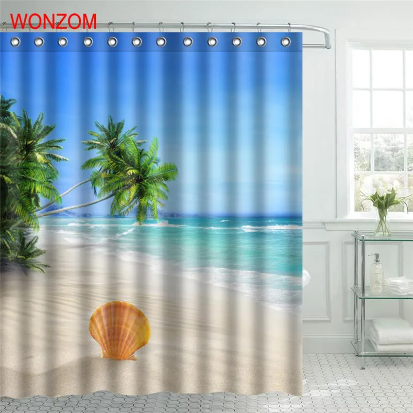 WONZOM, занавески для душа с морским пейзажем, для декора ванной комнаты, современный корпус, водонепроницаемая занавеска для ванной с 12 крючками, защита от плесени, подарок