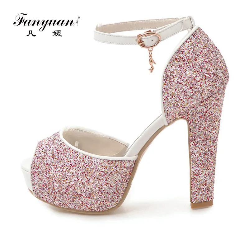 

Fanyuan Italian Summer Sandals women Ankle strap shoes sexy Peep toe high Chunky heels lady Party wear Glitter Platform sandals