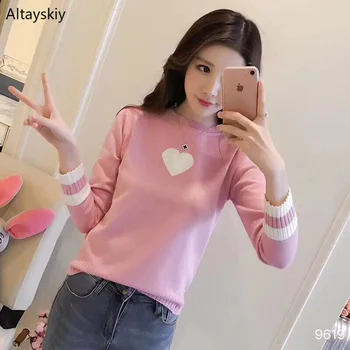 

Pullovers Women O-Neck Heart Printed Loose Simple All-match Korean Style Kawaii Slim Pullover Womens Soft Trendy Elegant New