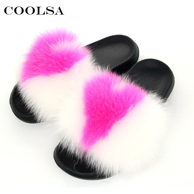 coolsa new women fox fur slippers heart shaped mixed colors fluffy