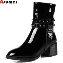 ASUMER/Новое поступление; модные женские ботинки; черные ботильоны из натуральной кожи на молнии с заклепками; женские ботинки на квадратном каблуке для выпускного; большие размеры 32-45