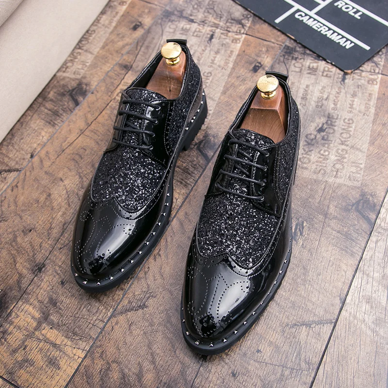 mens fashion shoes luxury brand rhinestones italian patent leather shiny wedding ballroom cool gold brogue oxford shoes for men (30)