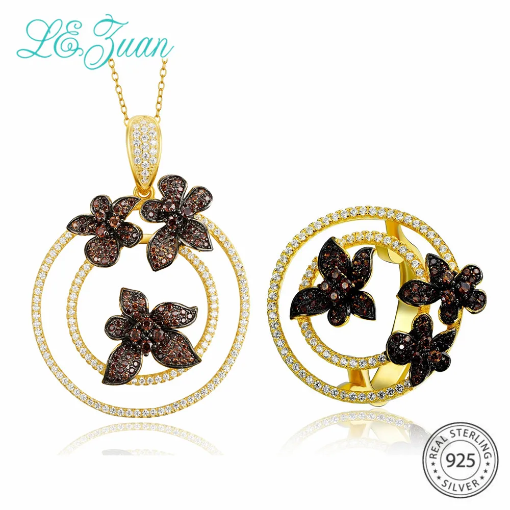 

L&zuan Cubic Zirconia Floral Gold Jewelry Set in Pure 925 Sterling Silver Cocktail Ring/Round Pendant With 925 Silver Chain