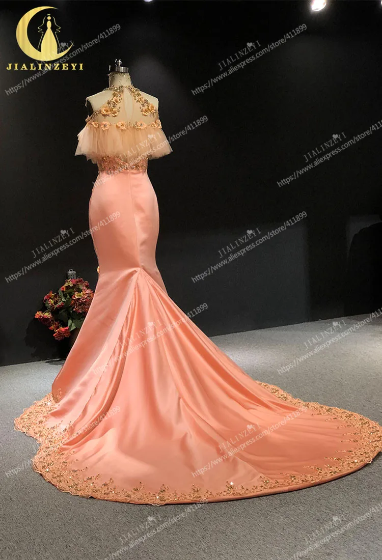 JIALINZEYI реальное изображение оранжевый Холтер Кристалл Роскошный Пол Длина вечерние платья