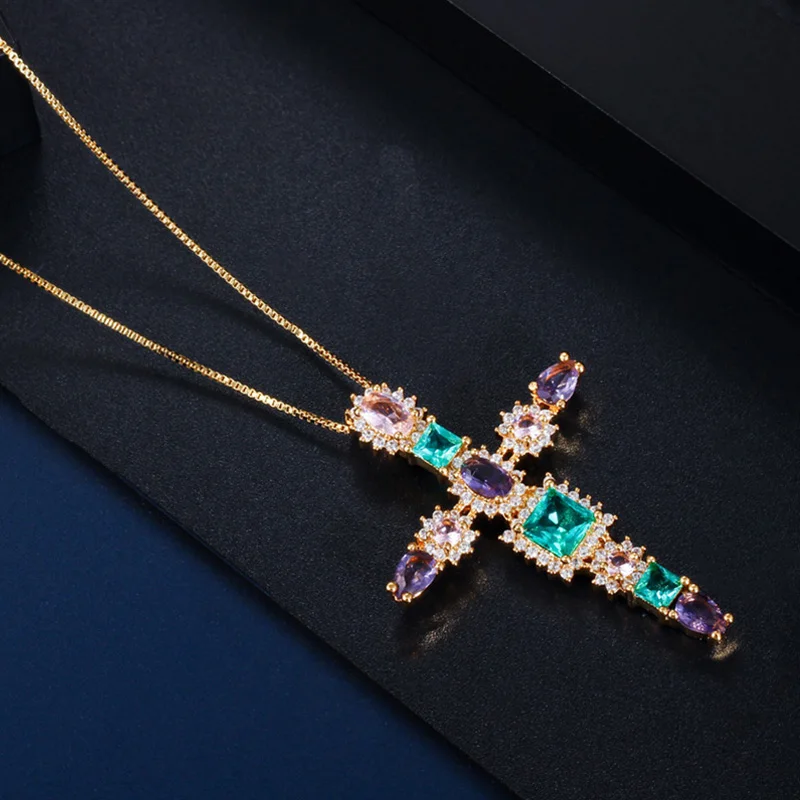 Pera Мода красочные фиолетовый зеленый фианит черный золотой большой крест цепи женские ожерелья и кулоны CZ Ювелирные изделия Аксессуары P002