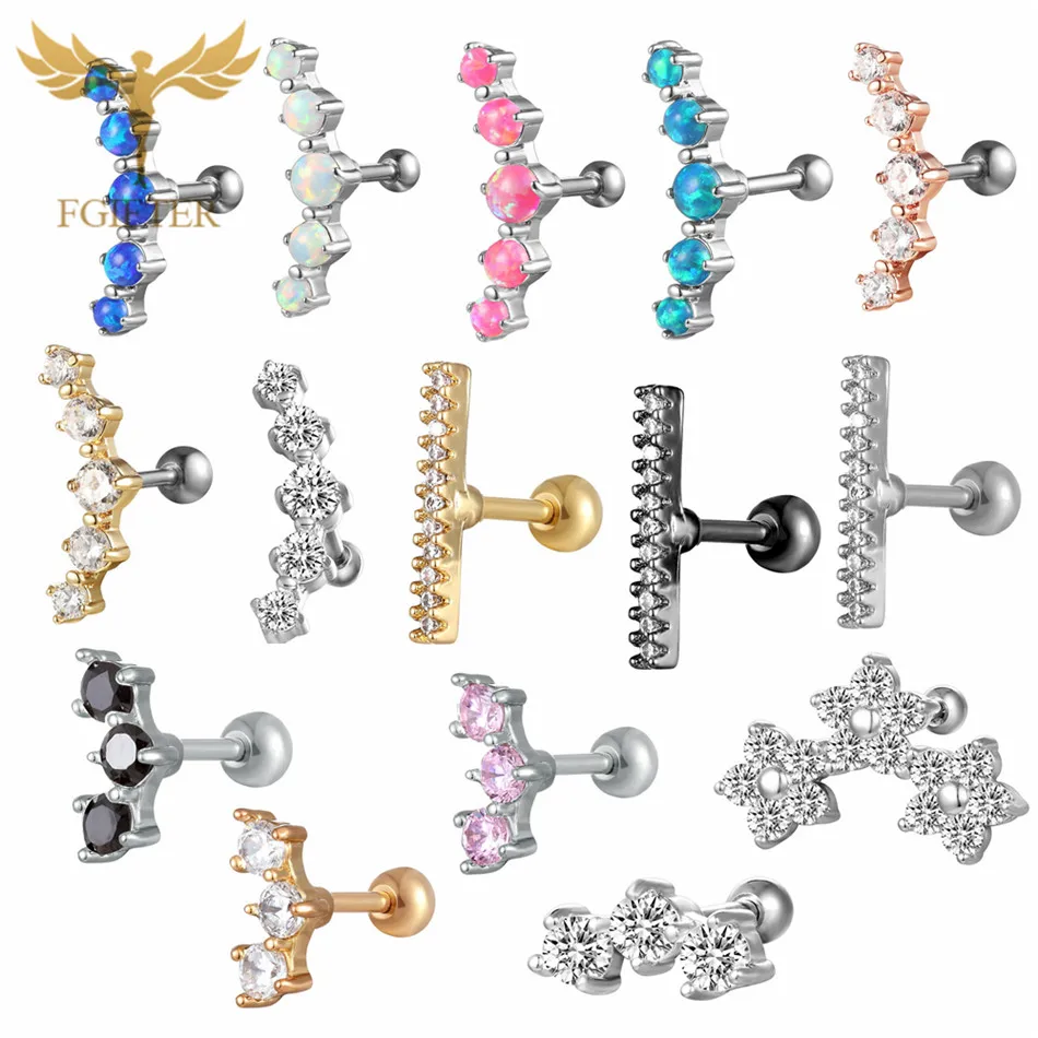 FGifter 1.2x6mm Bar Surgical Titanium Labret Opal Ear Studs Ear