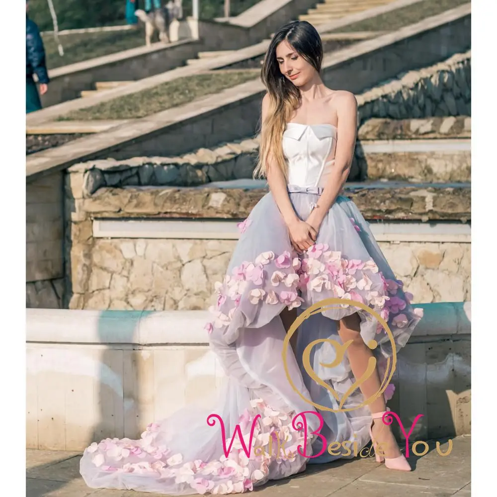 2020 Flowers Prom Dresses Short Front Long Back Evening Gown Gray Organza Fashion Party Formal Gown for Graduation