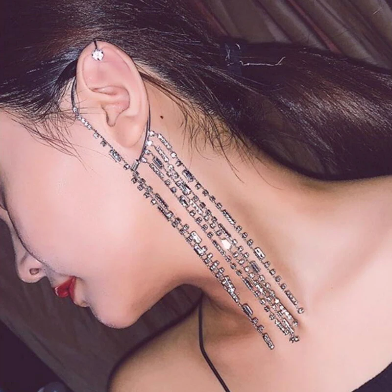 

1 pcs Super Bling Rhinestone Charms Chain Tassel long Clip Earrings For Women Accessories Fashion Bridal Wedding punk Earrings