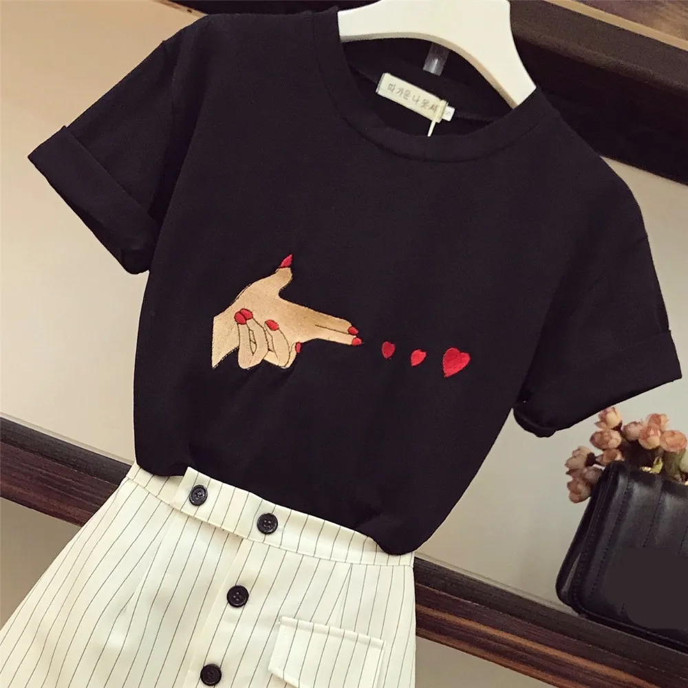 2019-Summer-Women-Fashion-T-shirt-Button-Design-Flower-And-Stripe-Skirt-2-pcs-sets-Female (2)