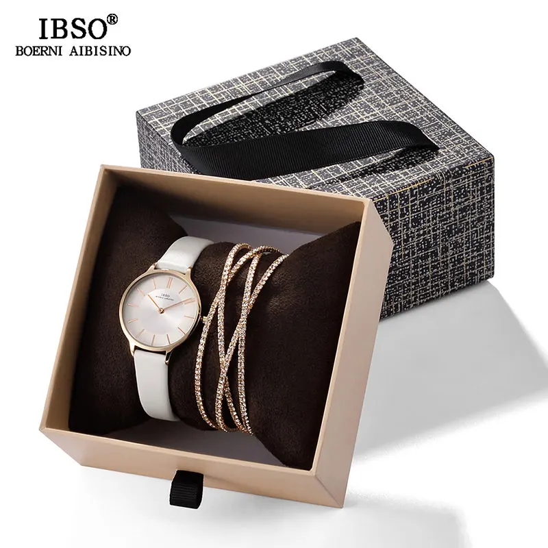 IBSO женские кожаные часы набор розовый золотистый браслет со стразами ювелирные часы Рождественский подарок коробка для женщин ювелирные часы набор - Цвет: 6608white and bangle