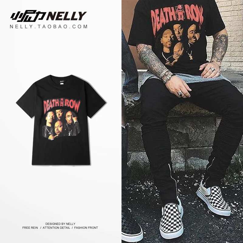 

NELLY 2019 Summer High Quality Black Head Print Short-Sleeve Shirt Round Collar European Style Street Dress Rock T-Shirt Tee