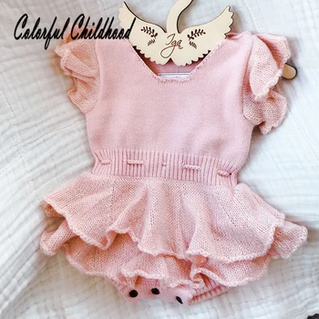

Girl's Rompers Fly Sleeve Vest Wool Knitted Rompers Baby Princess Triangle Jumpsuit Toddler Kid's Autumn Winter Clothing 0-24m