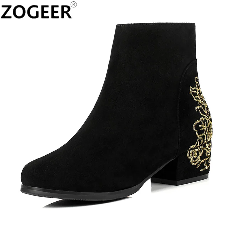 

Fashion Embroider Black Suede Ankle Boot For Women Casual Square Low Heels Snow Boots Autumn Winter Luxury Ladies Shoes Woman