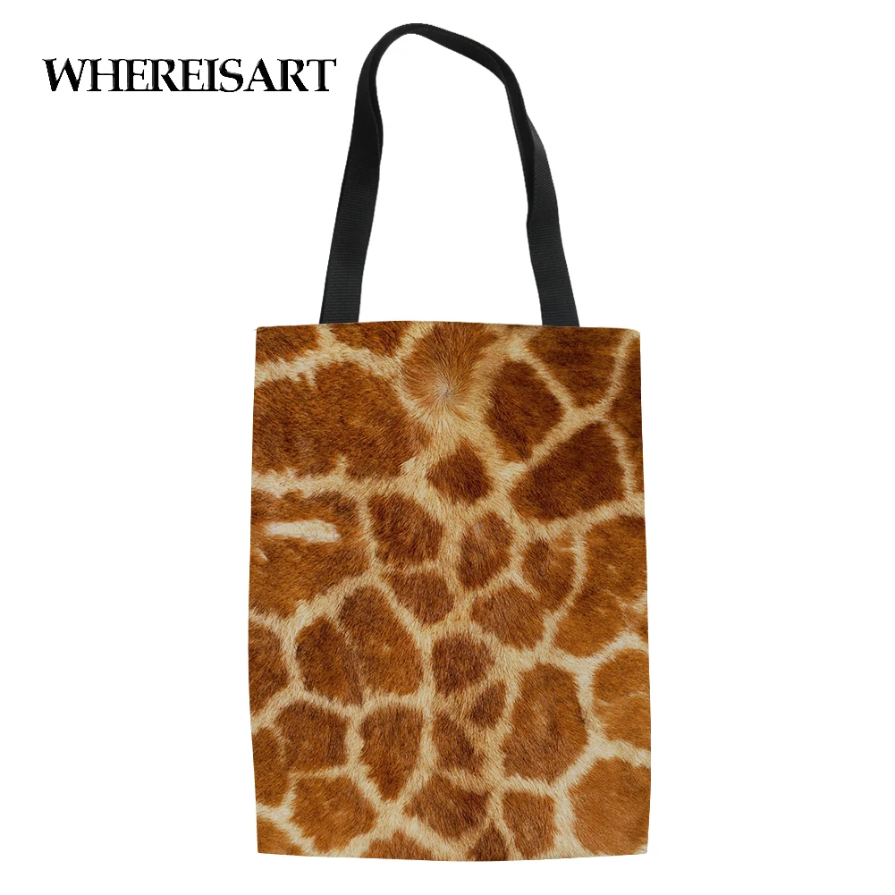 

WHEREISART Fashion Printing Animal Texture Canvas Foldable Shopping Bag Reusable Tote Pouch Recycle Storage Handbags Eco Tote