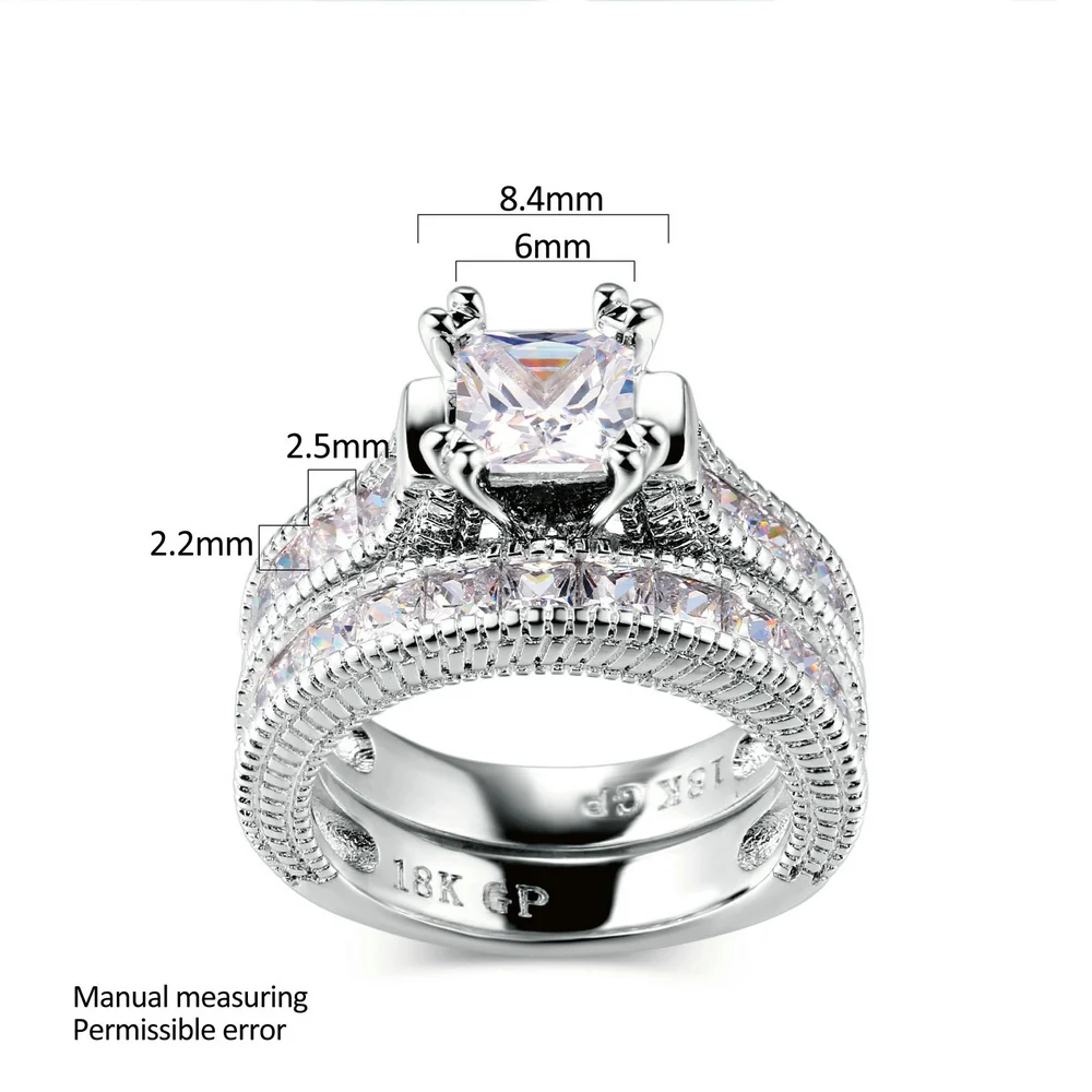 Double Fair Unique Square Cut Cubic Zirconia Rings Sets Silver Color Fashion Engagement/Wedding Jewelry Gift For Women RX29YG