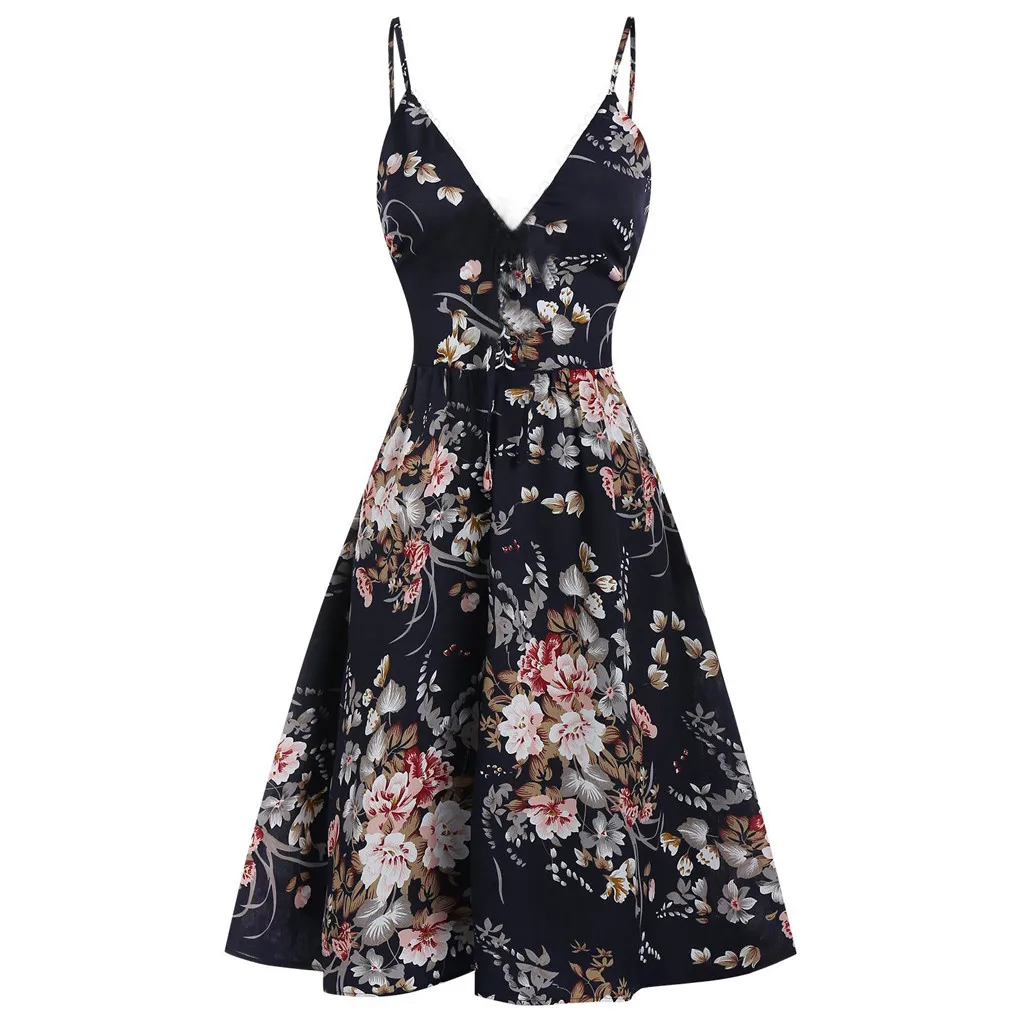 Summer Fashion Women Dress Elegant Casual Floral Printing Strap Sleeveless Backless V Neck Knee Length Vestidos Flexible OY41