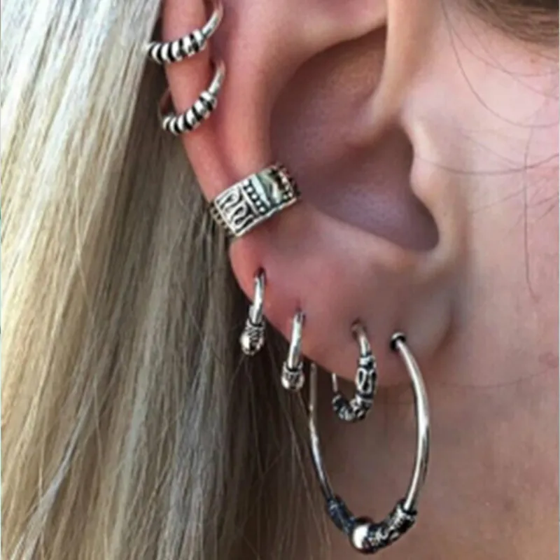 

RONGBIN New arrivel 7pcs/set Vintage C Shape Carving Stud Earrings for Women Antique Silver Punk Earrings Set Jewelry Gifts