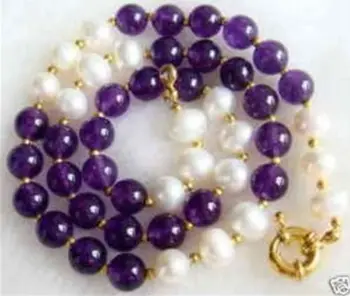 

Women Gift word Love new Beautiful 8mm purple stone gems & White pearl Necklace 18" AA a(5.18) women wedding Noble style