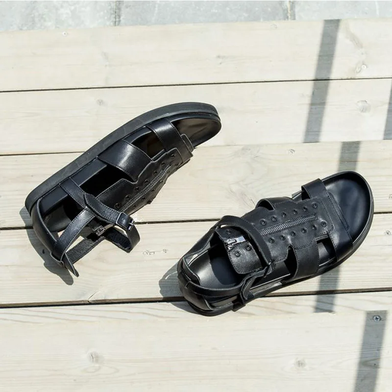 Цвет: белый, черный, в римском стиле; пляжные сандалии из натуральной коровьей кожи, с открытым носком, на плоской подошве; босоножки-гладиаторы в рыбацком стиле Lezy; Тканевая обувь; Hombre Sapatos Пляжная обувь