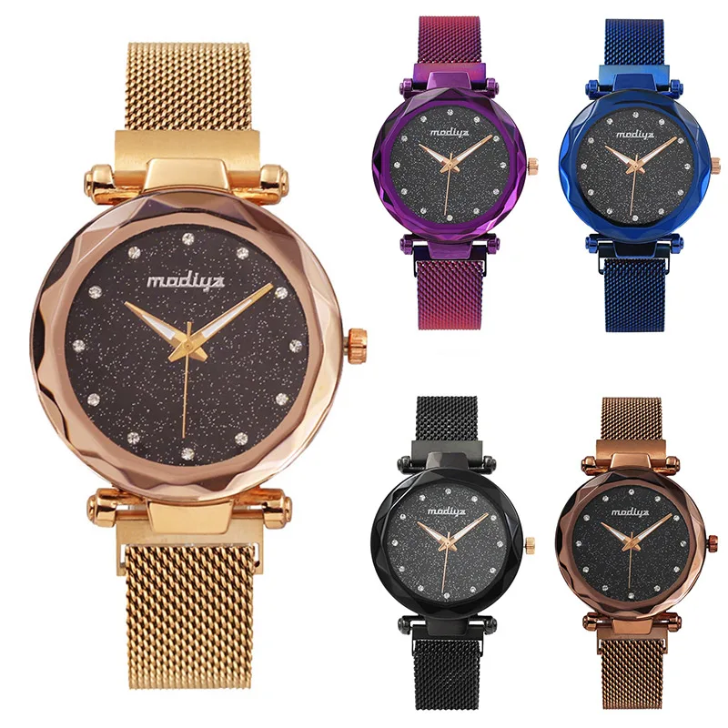 

1 Pcs Purple Magnetic Women Watches Lady Wrist Quartz Watch Round Dial Magnet Buckle Starry Sky for Business LXH